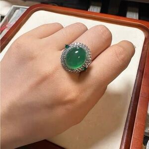 Bold Green Agate Halo Ring in Sterling Silver Adjustable Size